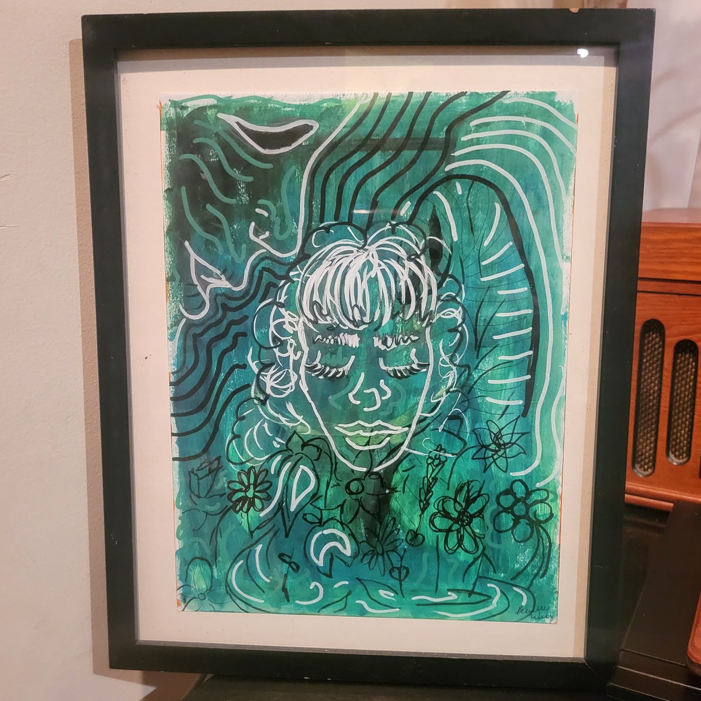 Framed Original Watercolor "Green Witch"